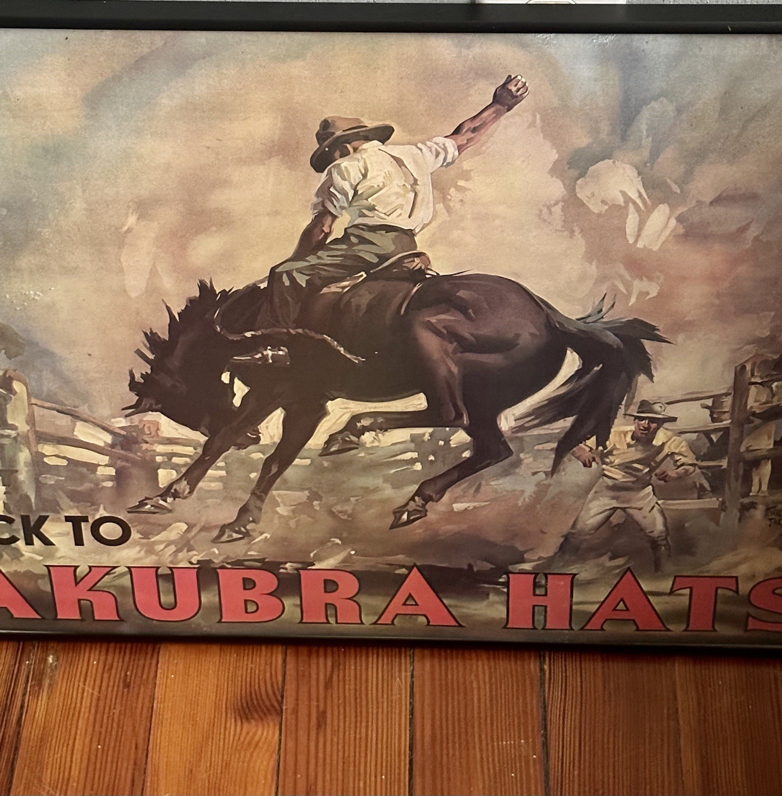 Vintage 1949 Western Art Cowboy Framed Advertising Poster Art Akubra Hats Outbac