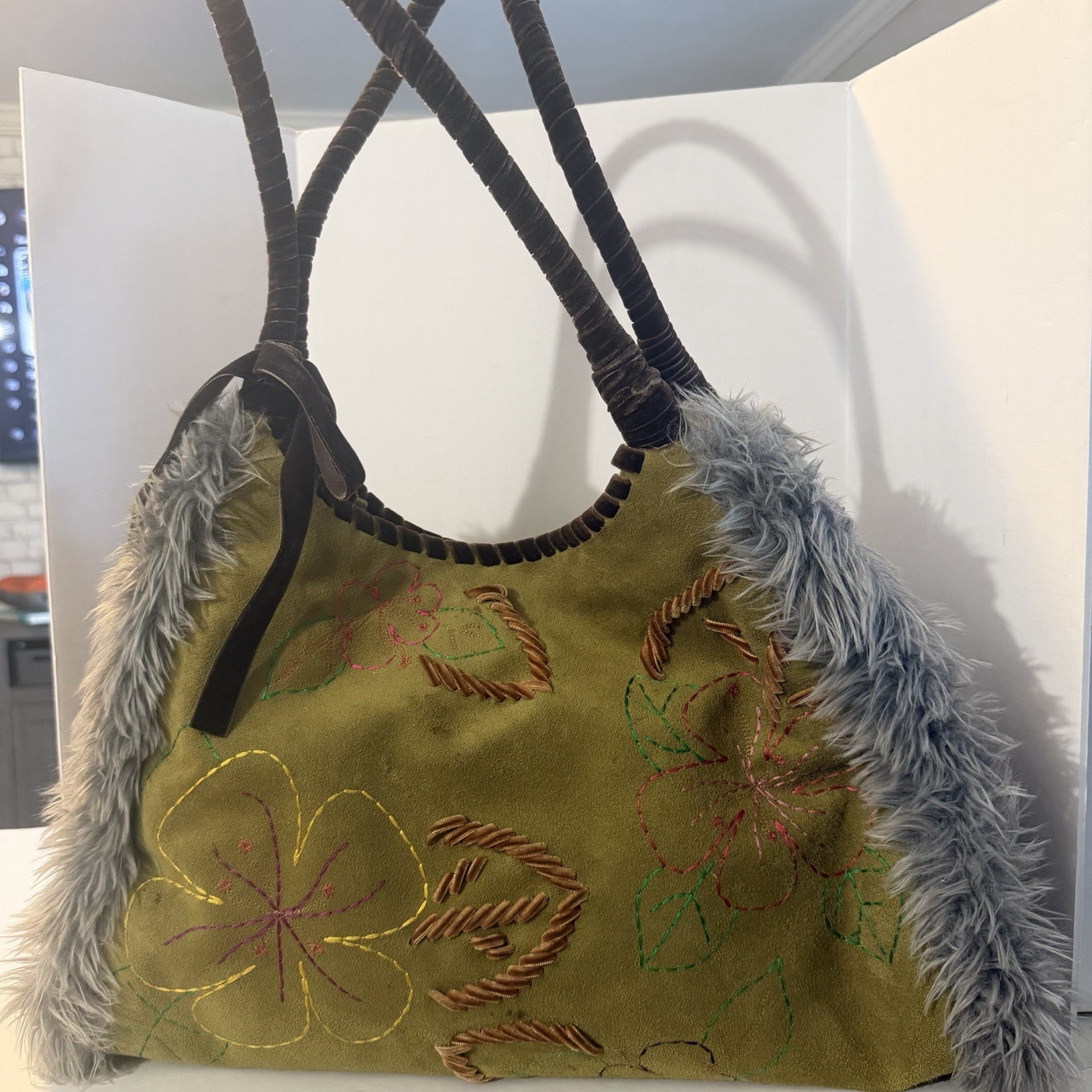Antonio Melani Olive Green Suede Faux Fur  Wrapped Handles Artsy Boho Bag