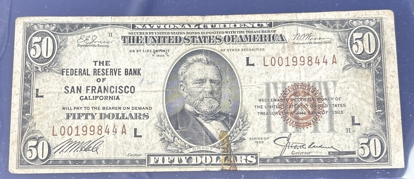1929 $50 Fifty Dollar Federal Reserve Brown Note San Francisco, CA ~ Low Grade