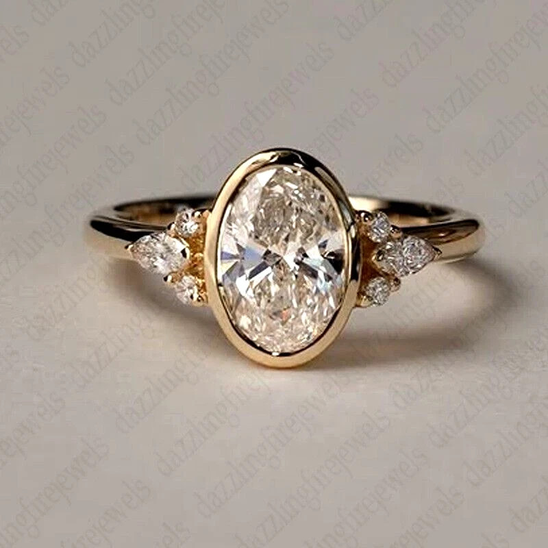 2.55Ctw Oval Cut Moissanite Cluster Set Engagement Ring 14K Yellow Gold Plated
