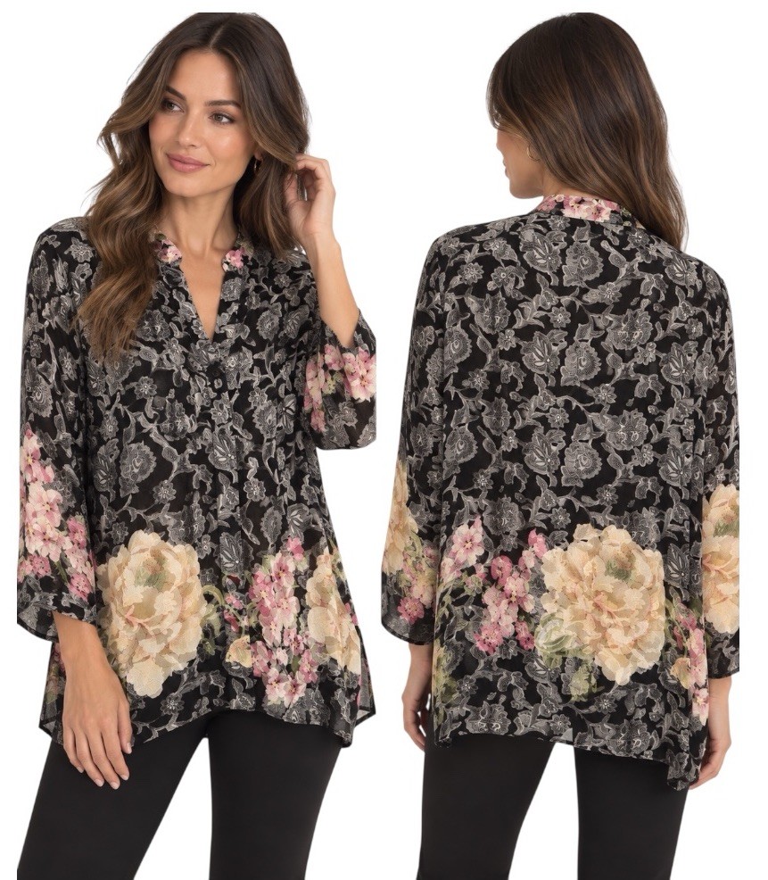 Citron Santa Monica  Black Floral Tunic with Pink Black Border Top