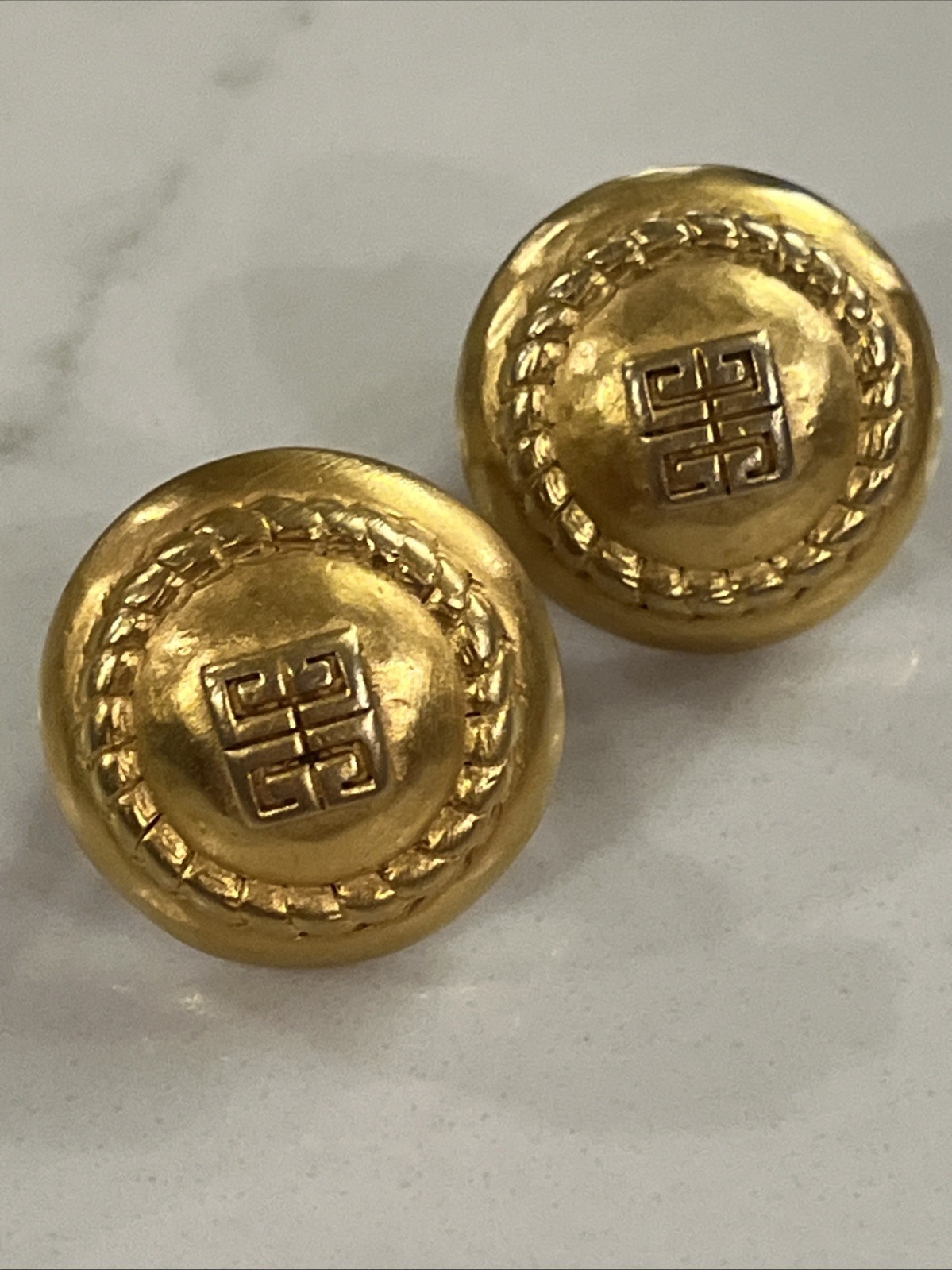 Vintage Givenchy 4G Logo Iconic Matte Gold Clip On Earrings Double Signed 1”