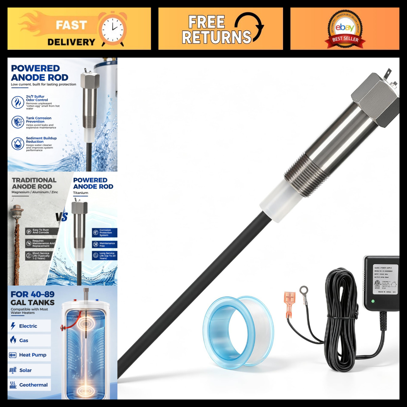Titanium Powered Anode Rod for Water Heater 40-89 Gallon, Corrosion Resistant Titanium Powered Anode Rod for Water Heater 40-89 Gallon, Corrosion Resistant