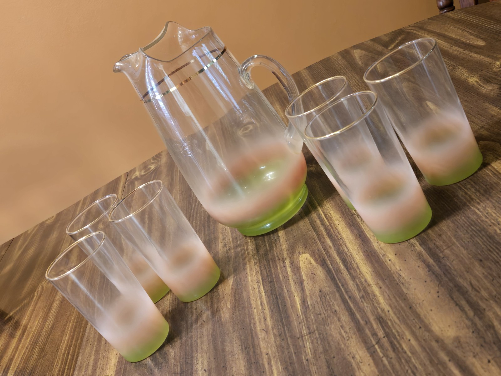 Vtg MCM Blendo Frosted Glass Pitcher And 6 Glasses w/Gold Rim