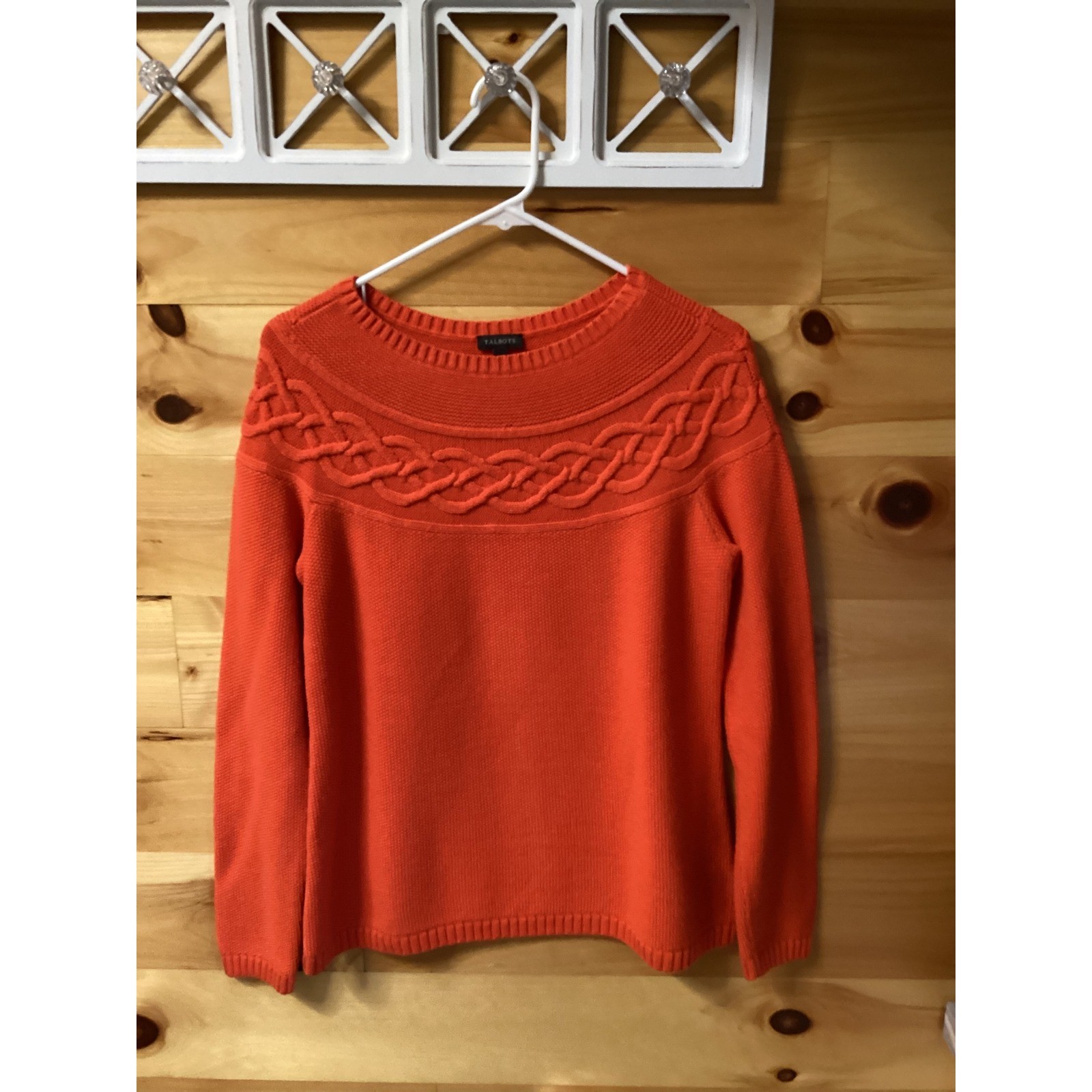 Talbots Womens Orange Cable Knit Yoke Cotton Cashmere Blend Sweater Small
