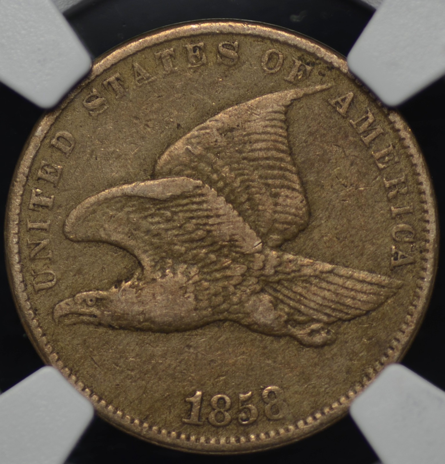 1858 SMALL LETTERS FLYING EAGLE CENT NGC XF 40 SMOOTH SURFACES AND COLOR, A BIT