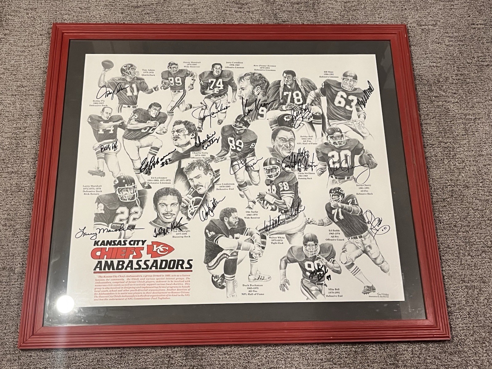 Vintage KC Kansas City Chiefs Ambassadors Framed Art Print 17 Autographs 36x32