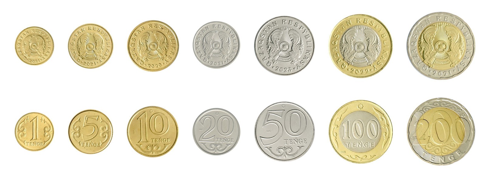 Kazakhstan 1-200 Tenge 7 Pieces Set, 2019-2023, KM #458-505, Mint Kazakhstan 1-200 Tenge 7 Pieces Set, 2019-2023, KM #458-505, Mint