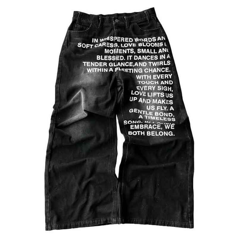 Vintage Letter Pattern Printed Washed Jeans