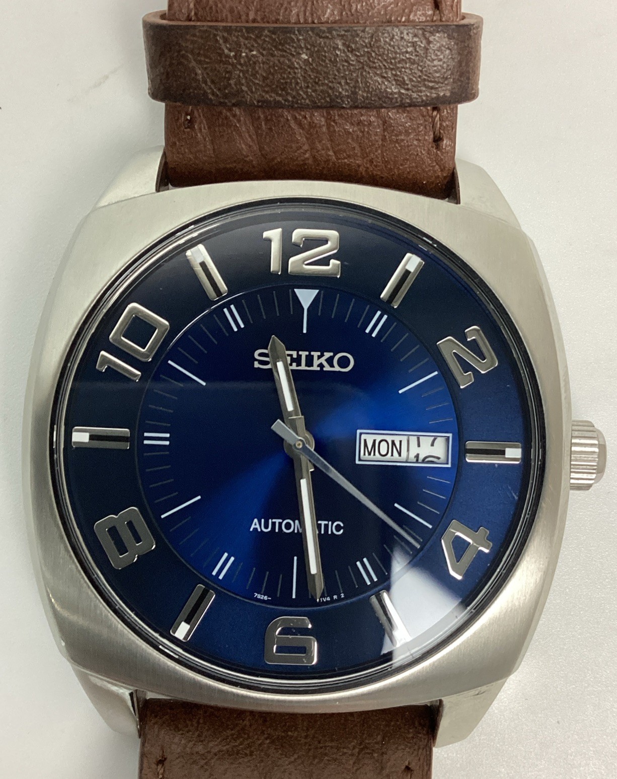 SEIKO Recraft SNKN37 Men\'s Automatic Blue Dial Day Date Ind Leather Strap Watch SEIKO Recraft SNKN37 Men\'s Automatic Blue Dial Day Date Ind Leather Strap Watch