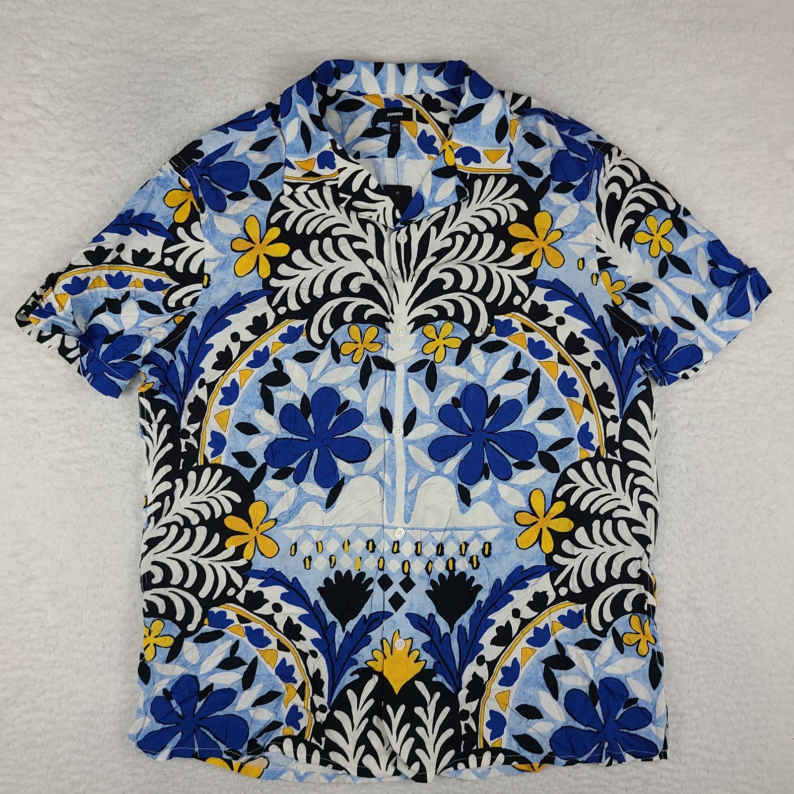 EXPRESS Shirt Mens Large Blue Black Yellow Floral Hawaiian Button Up NWT NEW