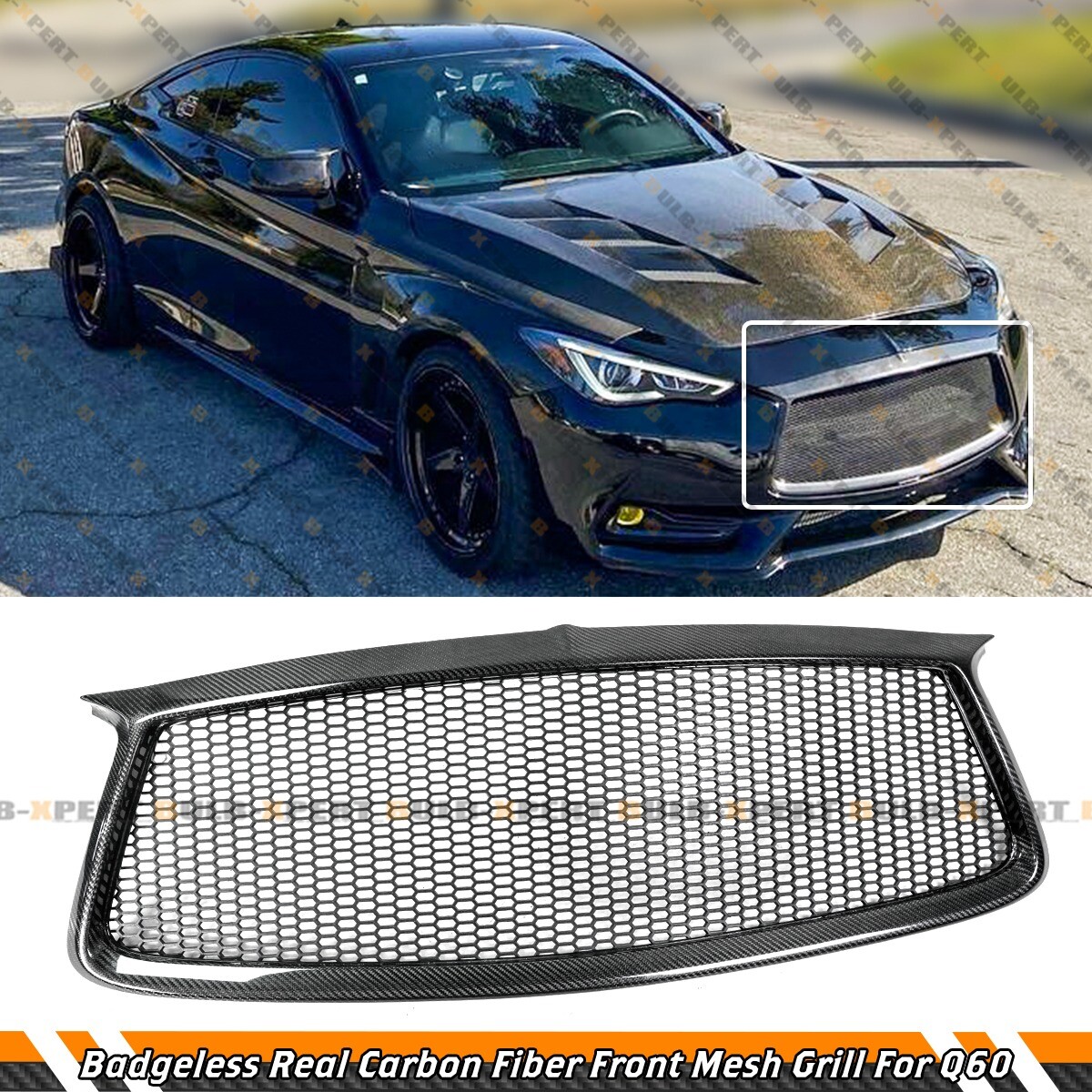 JDM REAL CARBON FIBER BADGELESS FRONT MESH GRILL GRILLE FOR 2017-23 INFINITI Q60