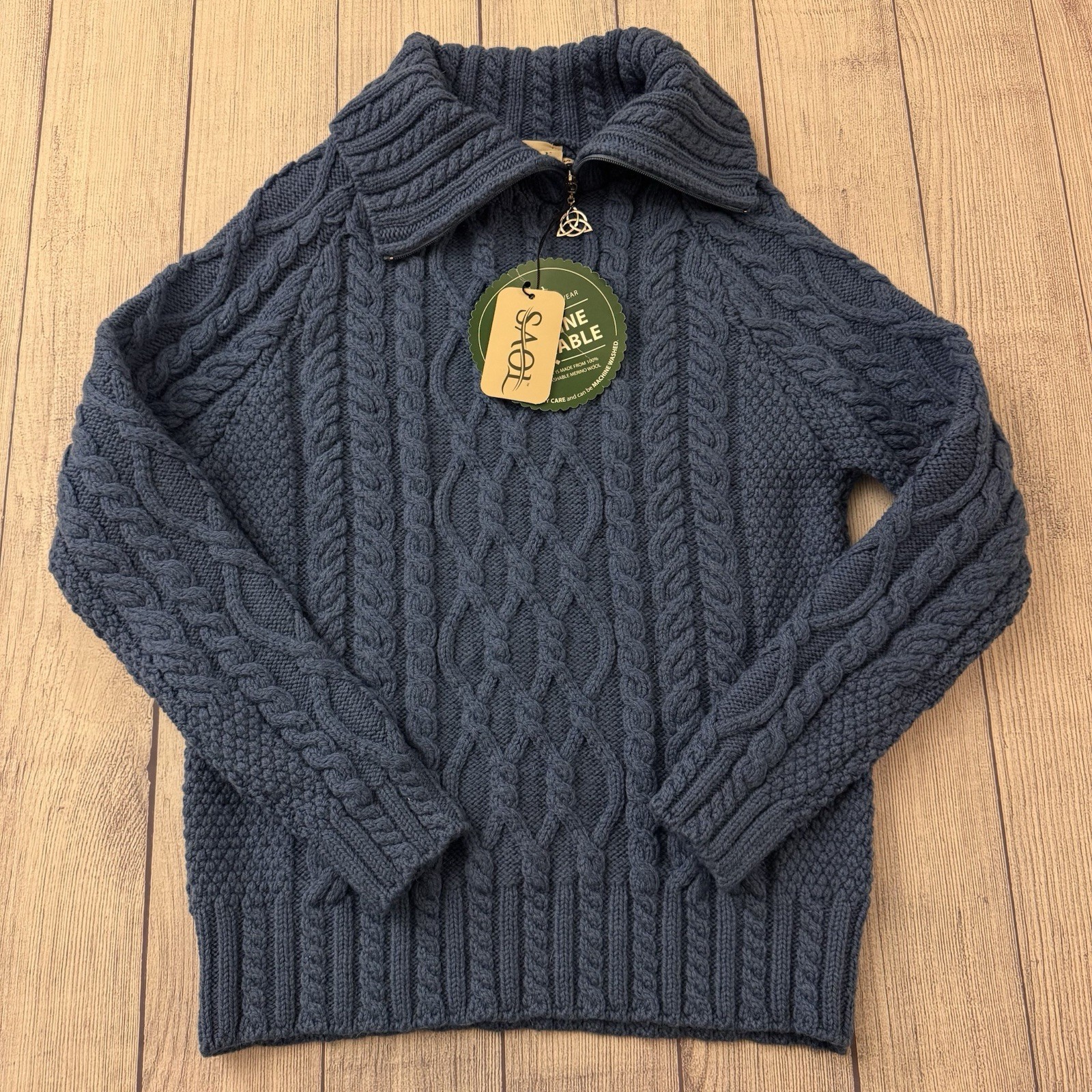 SAOL Ireland Merino Wool Cable Knit Quarter Zip Sweater Blue Womens Size Small SAOL Ireland Merino Wool Cable Knit Quarter Zip Sweater Blue Womens Size Small