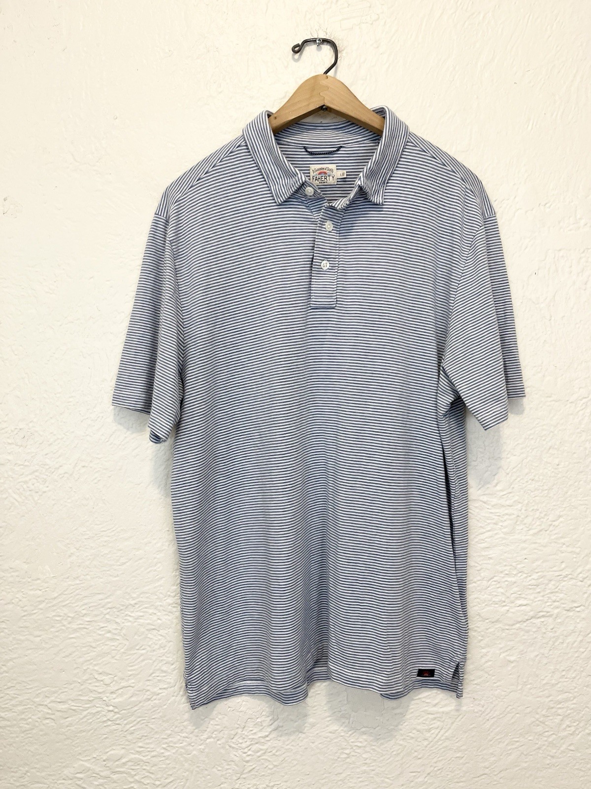 Faherty Polo Shirt Blue White Striped Short Sleeve Mens Large L