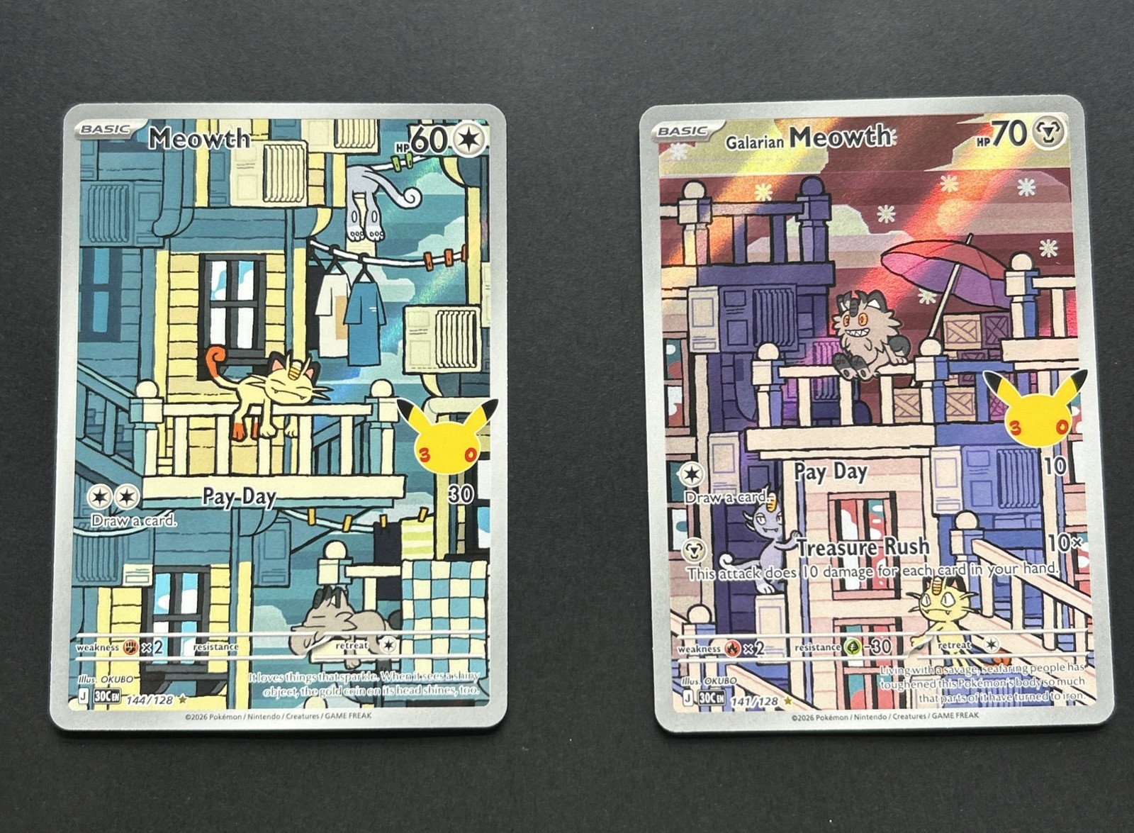 MINT Meowth 141/128 & Galarian Meowth 144/128 Pokemon 30th Celebration Cards