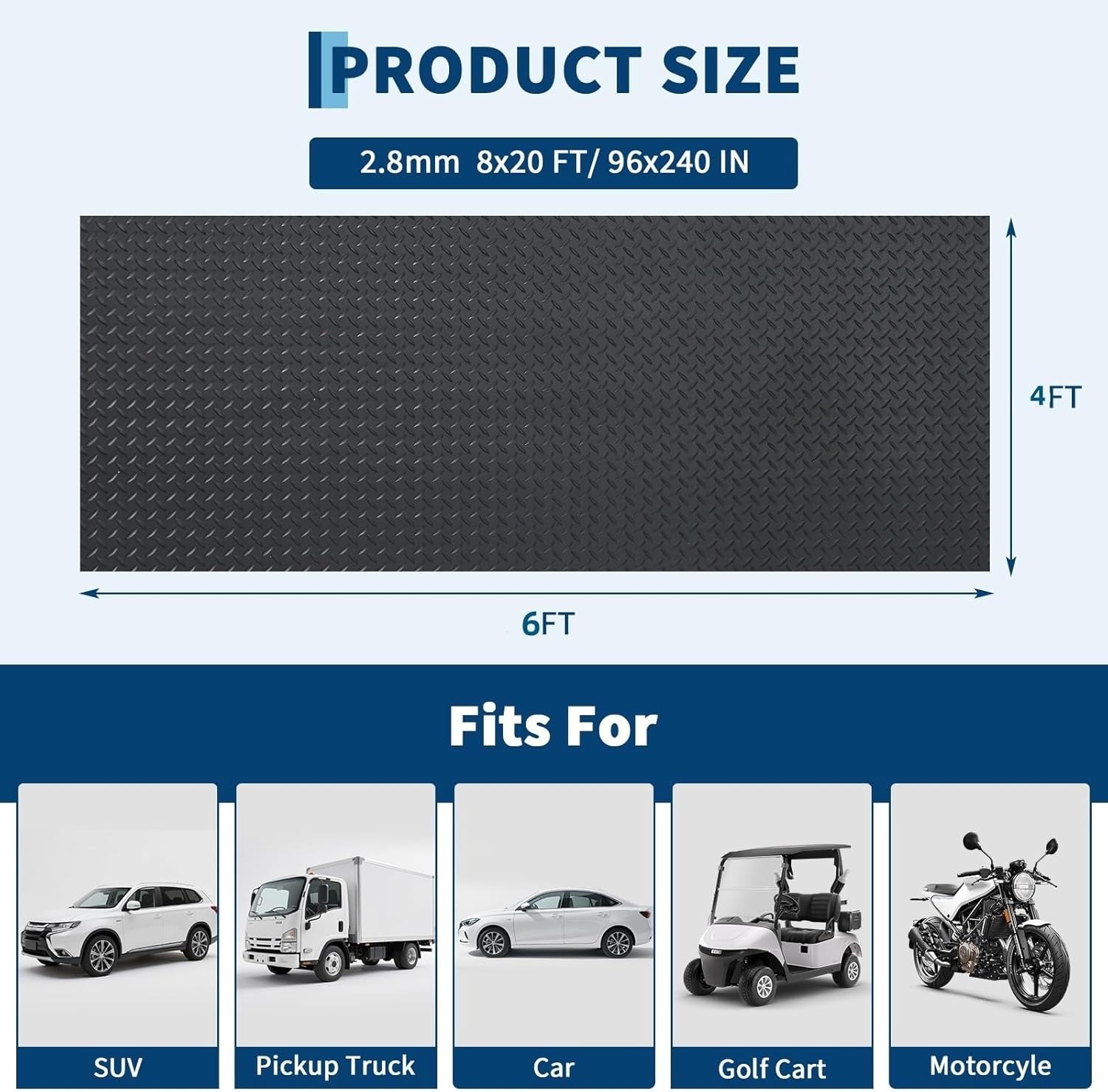 Garage Floor Mat PVC Rubber 2.8mm Waterproof Non-Slip 4x6 to 7.8x22 ft Indoor