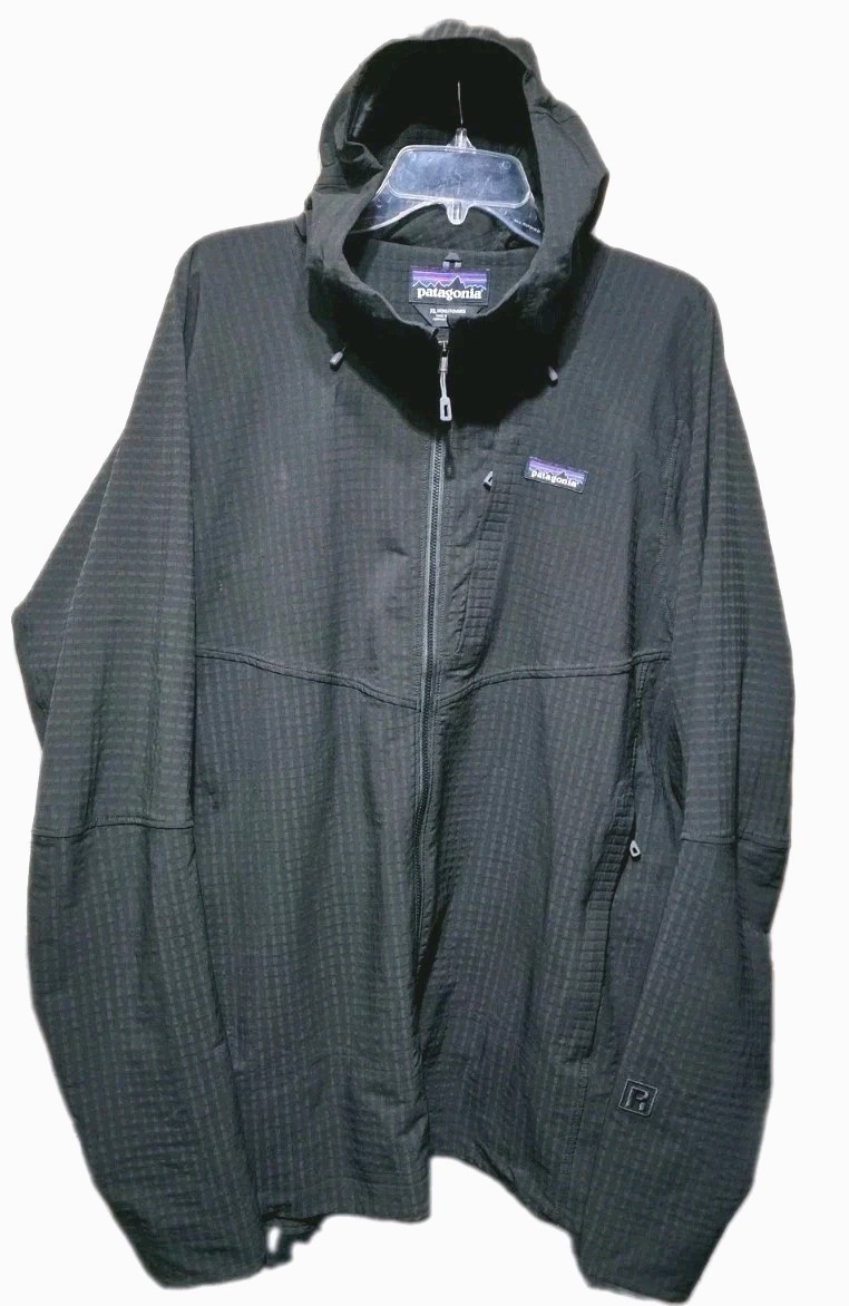 PATAGONIA Worn Wear Mens Hooded Warm.Up Jacket, Black Woven Check Full Zip-(XL) PATAGONIA Worn Wear Mens Hooded Warm.Up Jacket, Black Woven Check Full Zip-(XL)