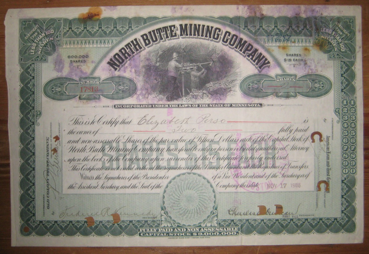 1906, North Butte Mining Company Stock Certificate, New York Transfer Stamp 1906, North Butte Mining Company Stock Certificate, New York Transfer Stamp