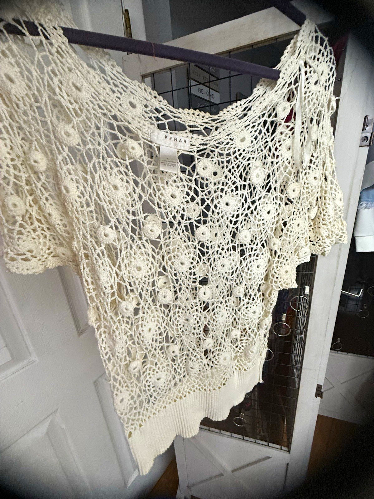 KENAR Women’s Ivory Crochet Open-Knit Pullover Sweater Short Sleeve Size L KENAR Women’s Ivory Crochet Open-Knit Pullover Sweater Short Sleeve Size L