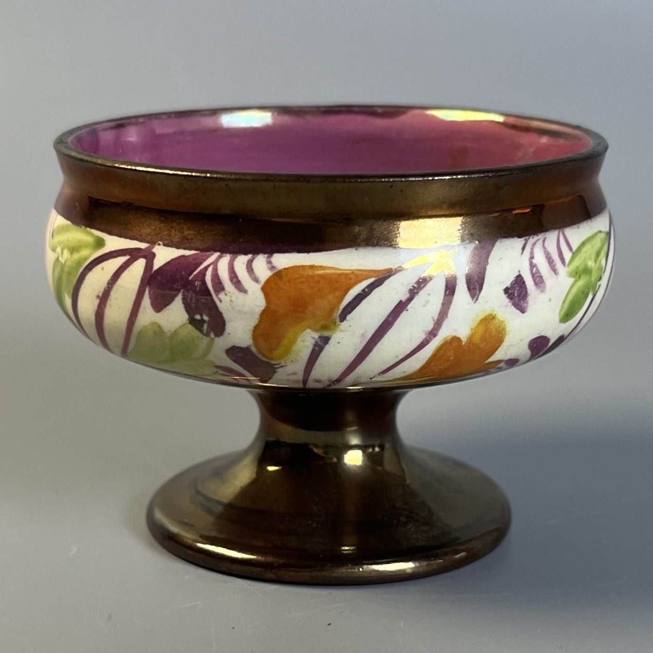 Antique Mid 19th Century English copper lusterware pedestal master salt cellar