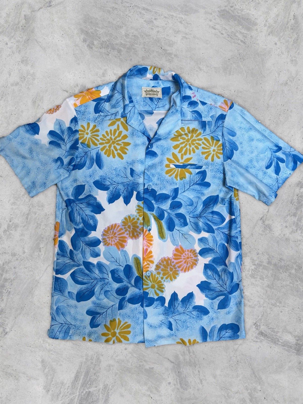 Vintage 70s Malihini Hawaii Hawaiian Aloha Shirt Mens S Blue Floral Camp Collar 