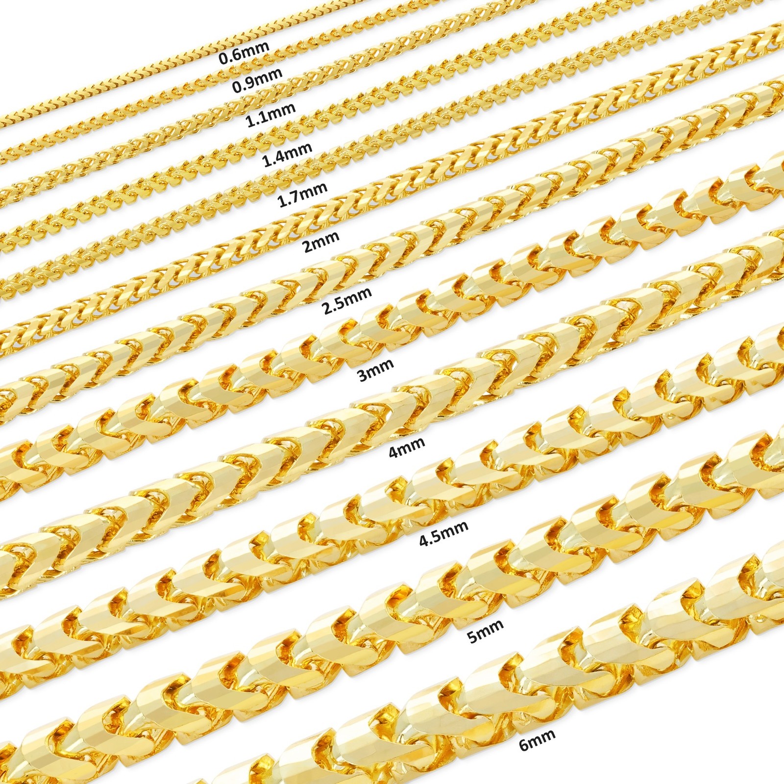 14K Yellow Gold Solid Franco 1mm-6mm Diamond Cut Chain Necklace Bracelet 7\