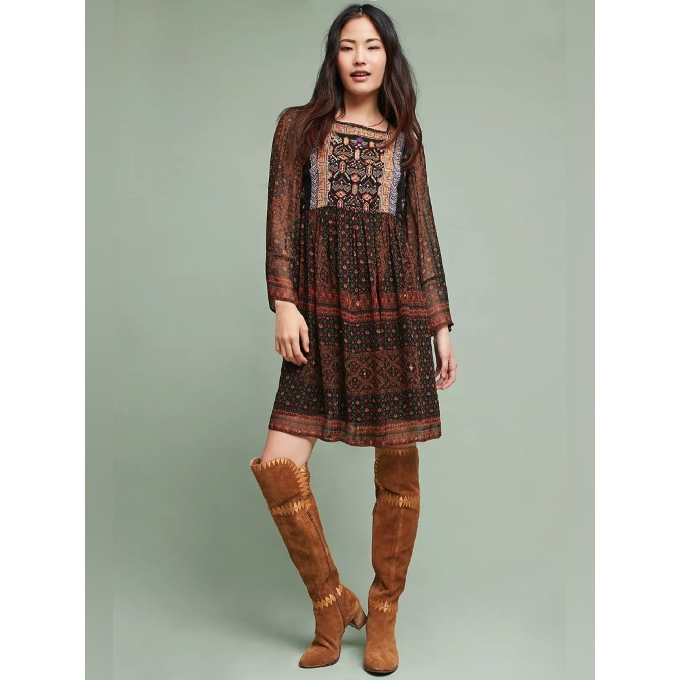 AKEMI+KIM Anthropologie Embroidered Boho Mini Dress Black Floral Sheer Sleeve XS