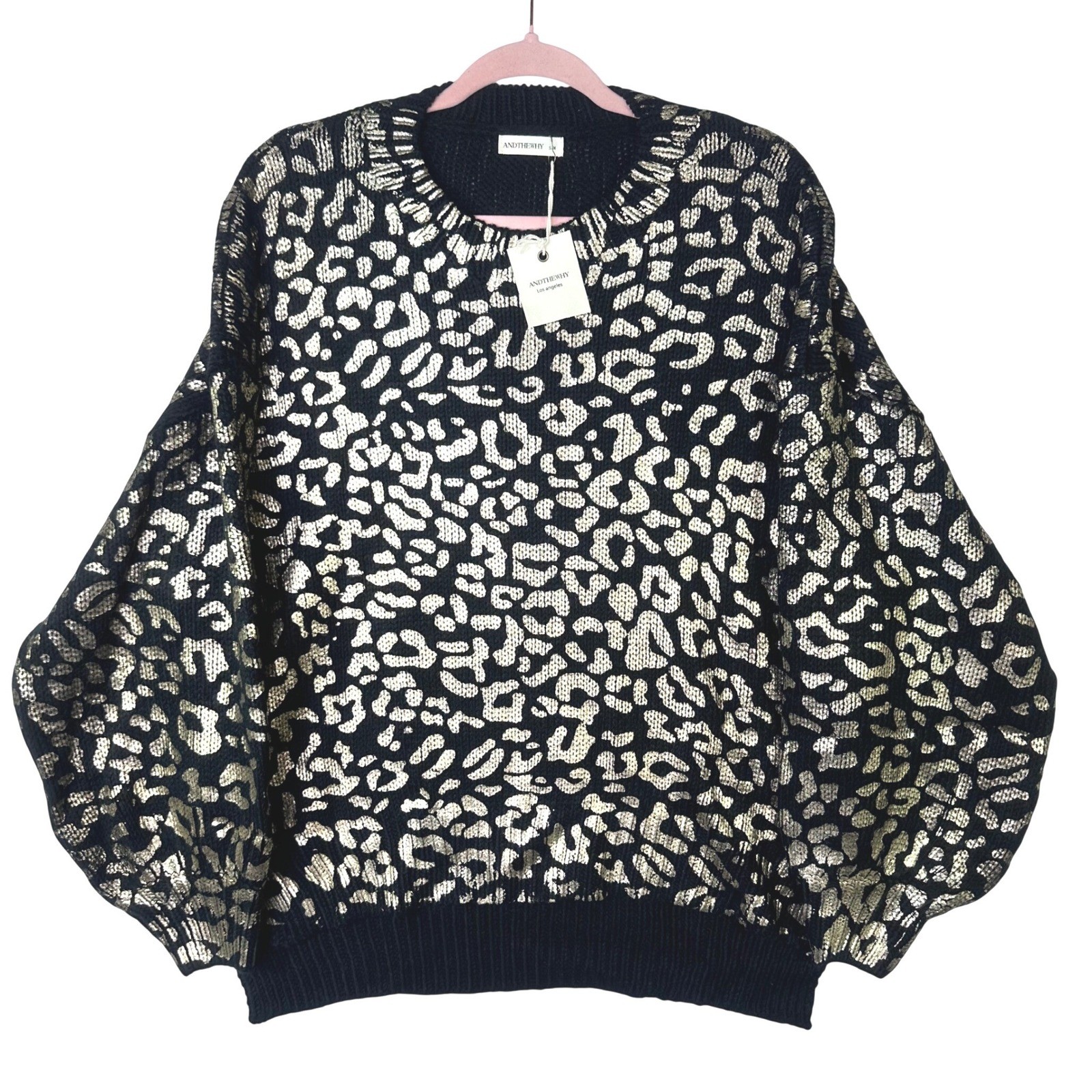 ANDTHEWHY Los Angeles Metallic Gold Leopard Print Knit Sweater Black SM NWT