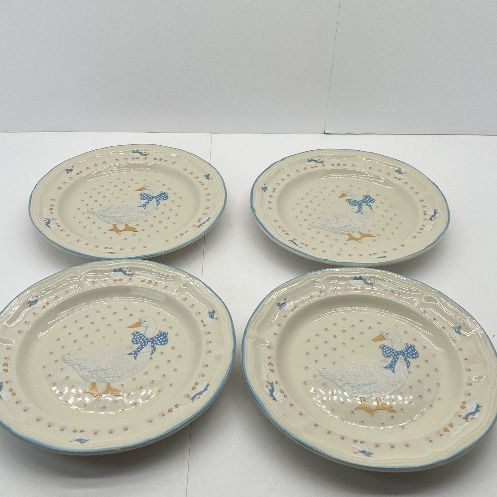 VTG Aunt Rhody Goose Blue Bow Set Of 4 Salad Plates Brickoven Stoneware Country