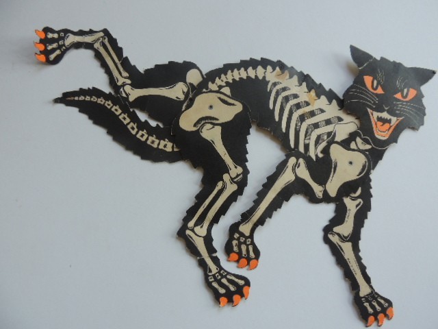 ORIGINAL Beistle vintage Halloween jointed skelecat diecut Skeleton cat