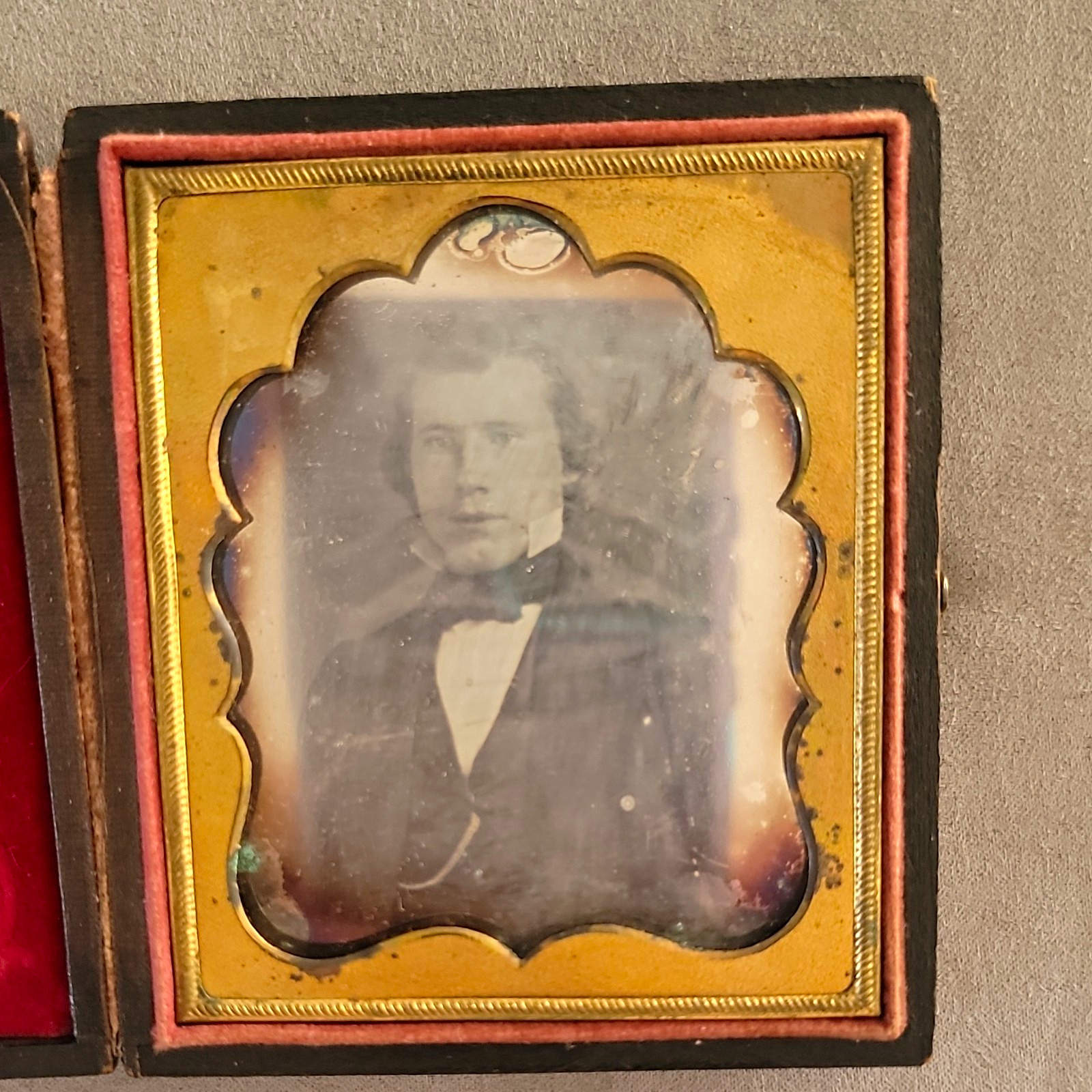 Antique 1850 Ambrotype Portrait Man C.C. Schoonmaker Troy NY Stamped Velvet Case