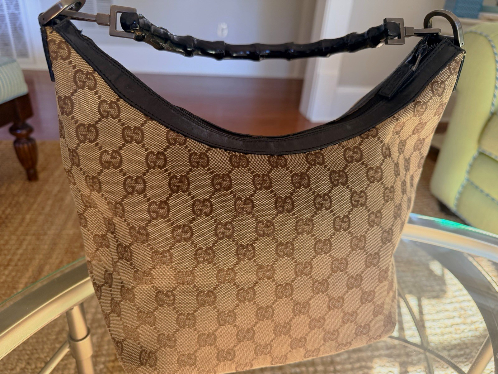 Gucci GG Monogram Shoulder Bag Beige Brown Black Top Handle Zip, Inner Pockets Gucci GG Monogram Shoulder Bag Beige Brown Black Top Handle Zip, Inner Pockets