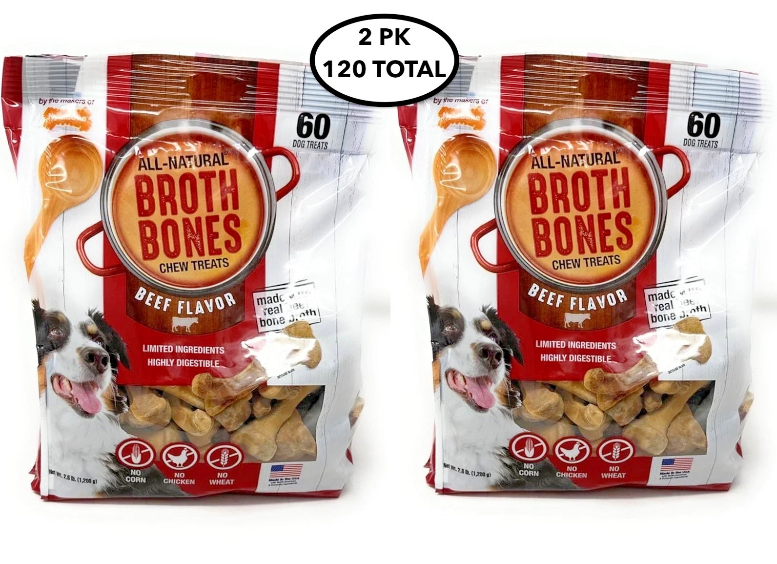 2 Pk. Nylabone All Natural Broth Bones Chew Treats 60 Ea. Bag = 120 Dog Treats