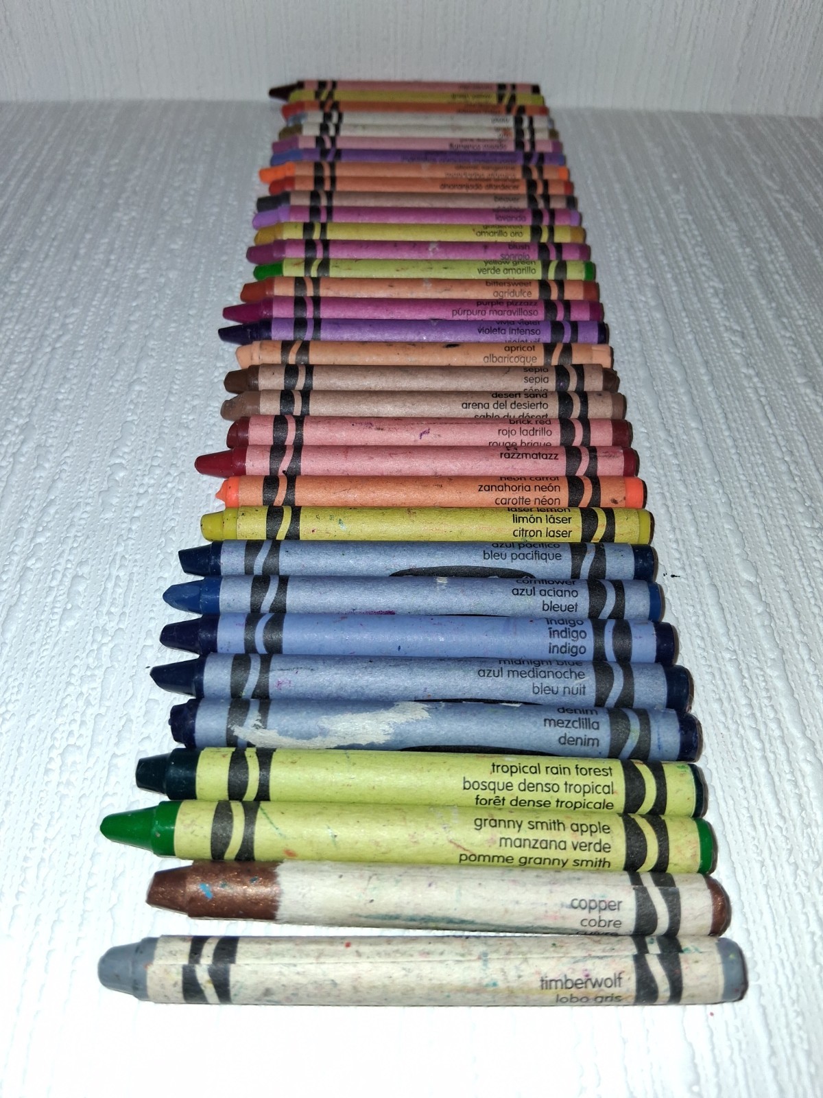 collection of Crayola wax crayons featuring multilingual color names Lot Of 33 collection of Crayola wax crayons featuring multilingual color names Lot Of 33