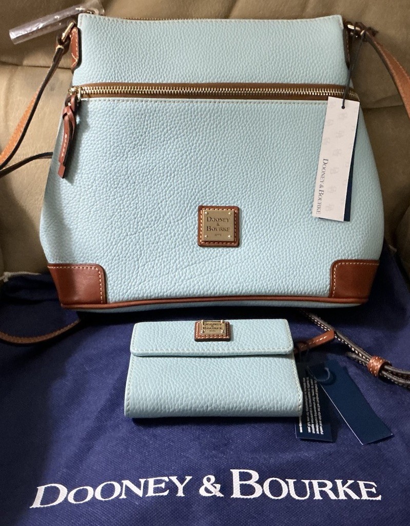 Dooney & Bourke Pebble Grain Crossbody Bag Pale Blue With Matching Wallet NEW