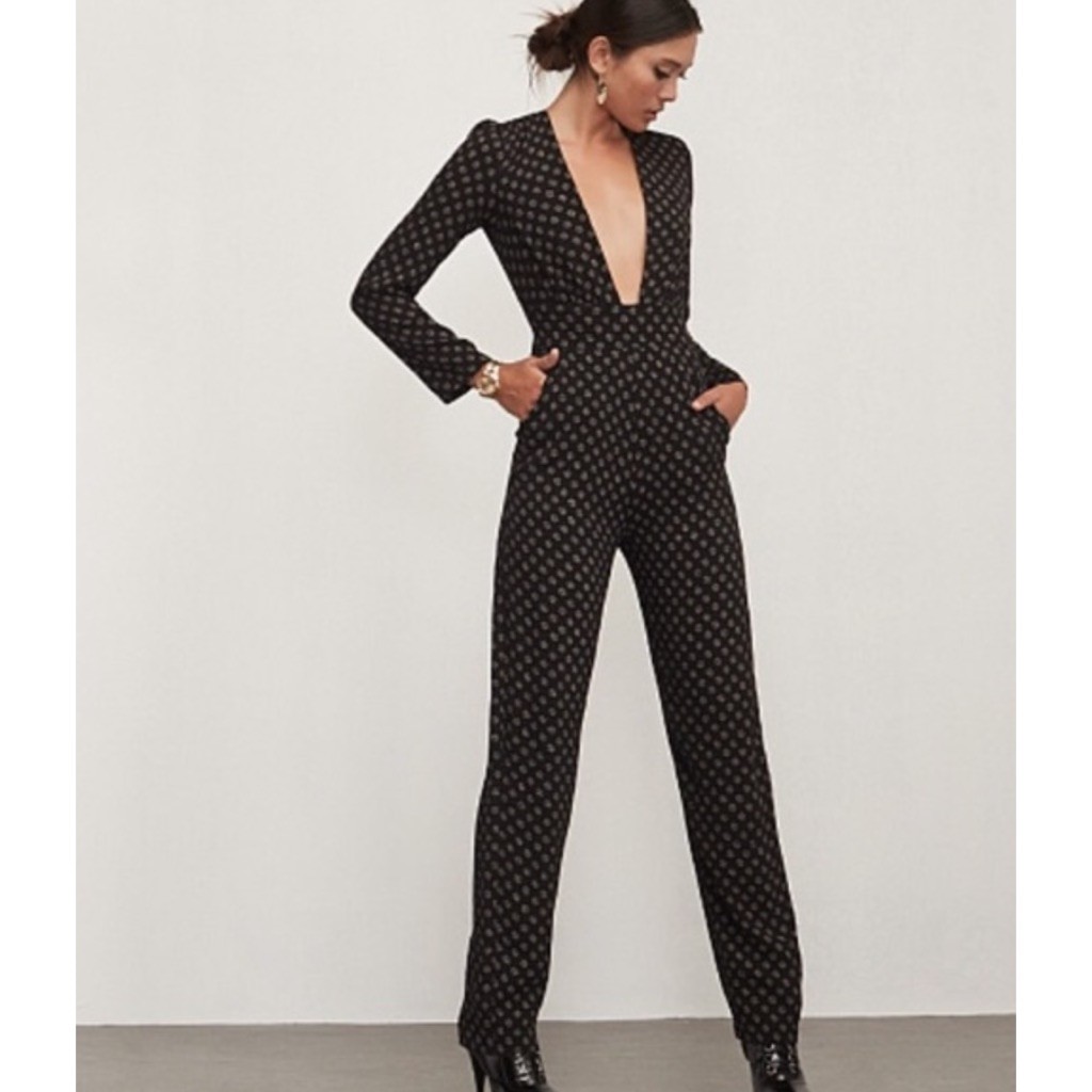 Women\'s Reformation Mayhem Jumpsuit Black Beige Star Print Size 4 Women\'s Reformation Mayhem Jumpsuit Black Beige Star Print Size 4