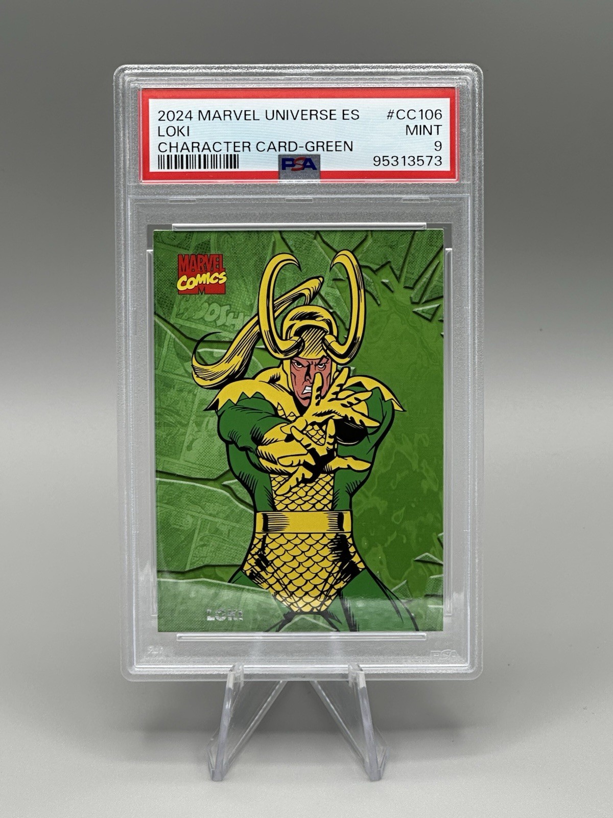 2024 Finding Unicorn Marvel Evolution Loki Green Parallel /10 Rare Card PSA 9