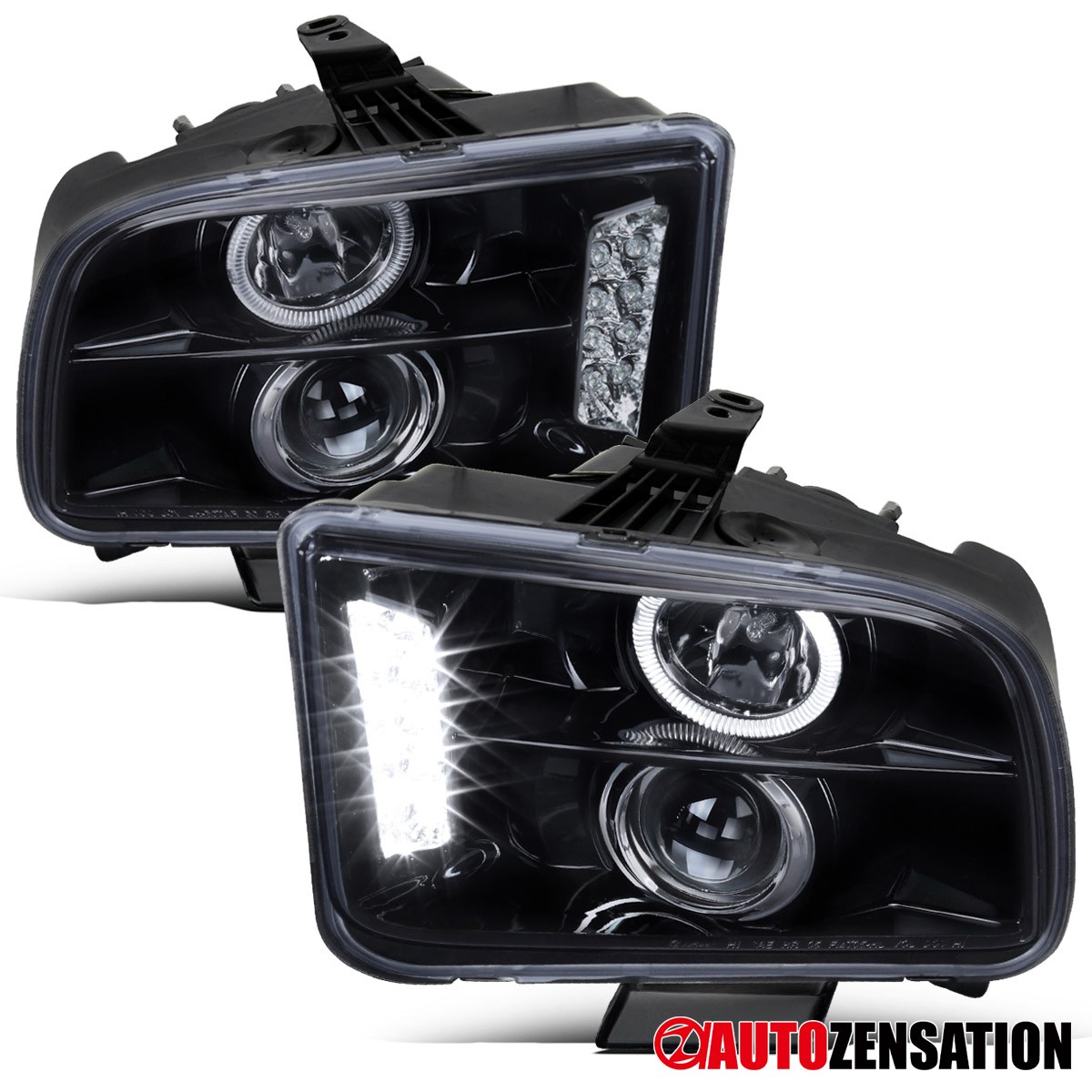 Fit 2005-2009 Ford Mustang GT Black Smoke LED Halo Projector Headlights Lamps