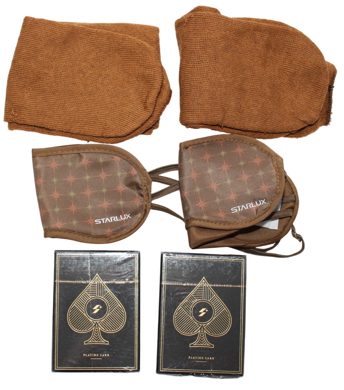 2x STARLUX Playing Cards + Amenity Travel Socks Brown + Eye Masks