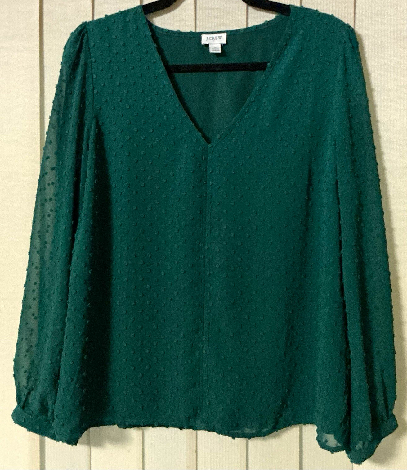 J CREW Women’s Emerald Green Swiss Dot V-Neck Balloon Sleeve Blouse M
