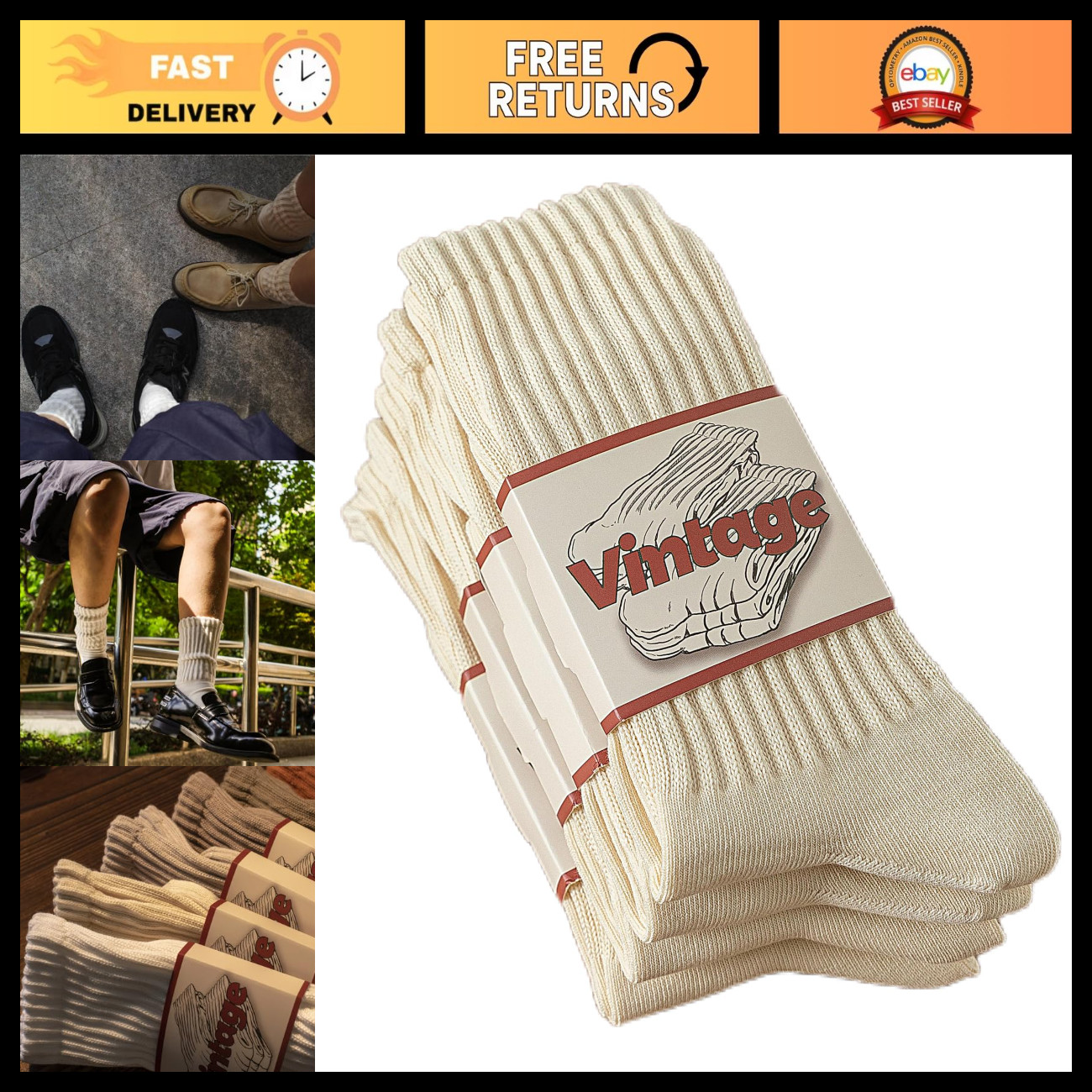 4 Pairs Seamless Cotton Crew Socks for Men & Women - Cozy Fall Slouchy Style