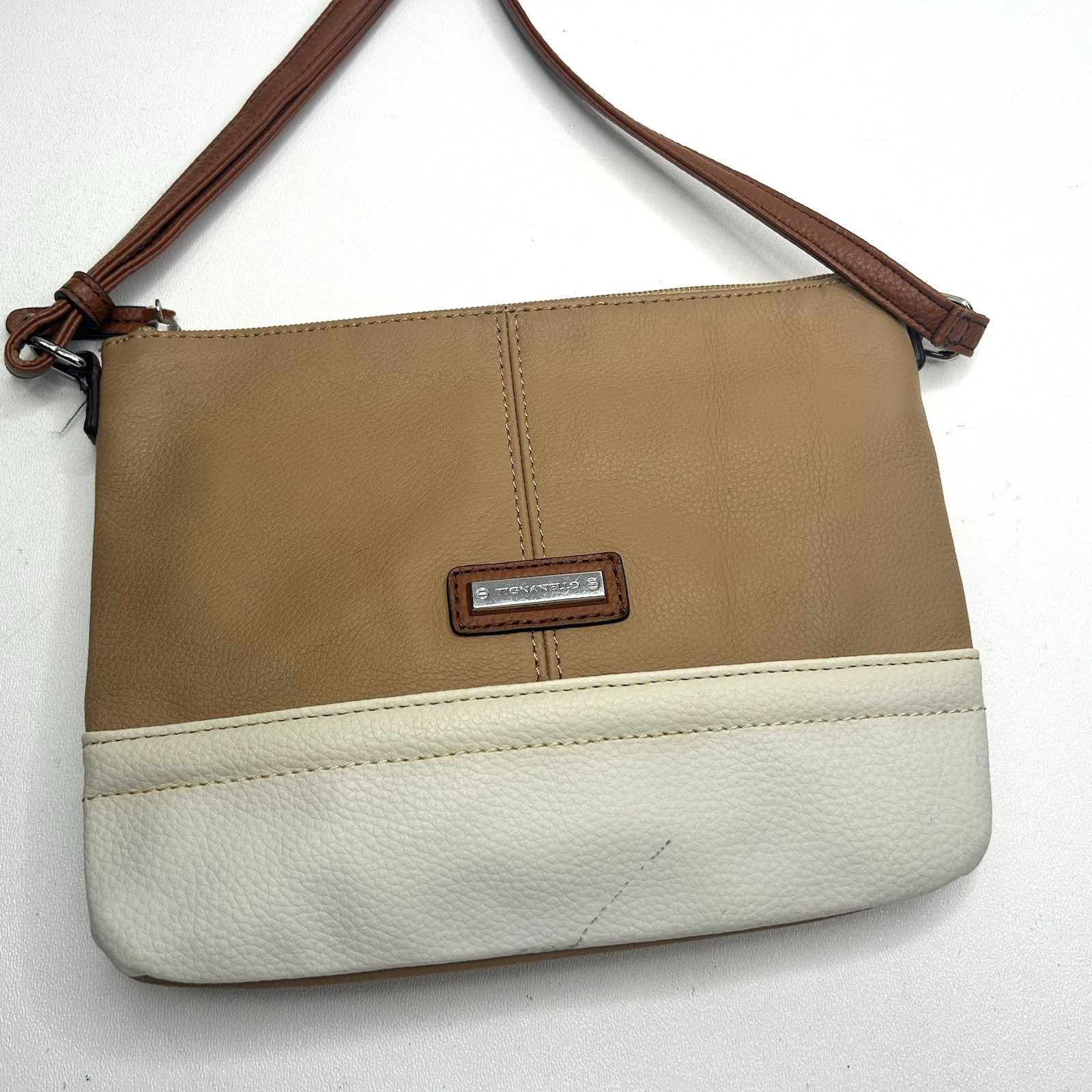:Trendy Authentic TIGNANELLO Brown/White Leather Crossbody Organizer Purse :Trendy Authentic TIGNANELLO Brown/White Leather Crossbody Organizer Purse