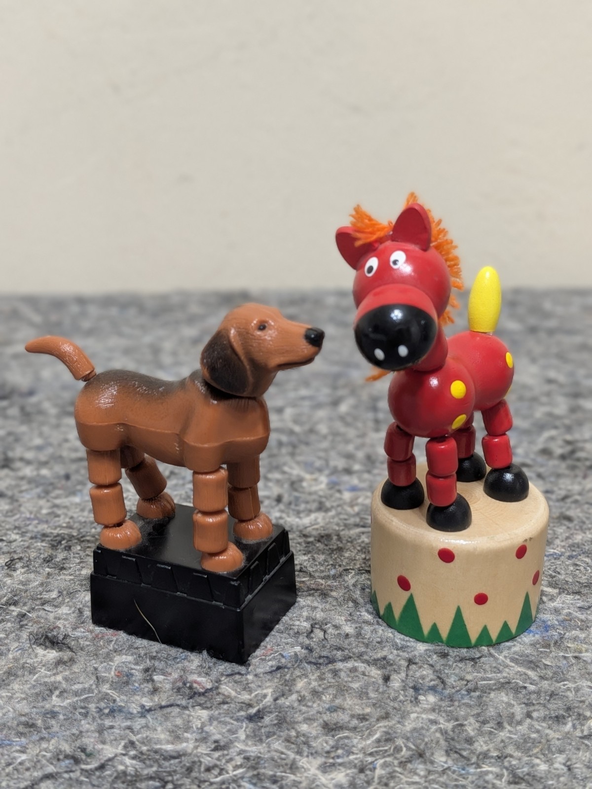 Vintage Lot Collapsible Push Button Toys: Plastic Hound Dog & Red Wooden Horse