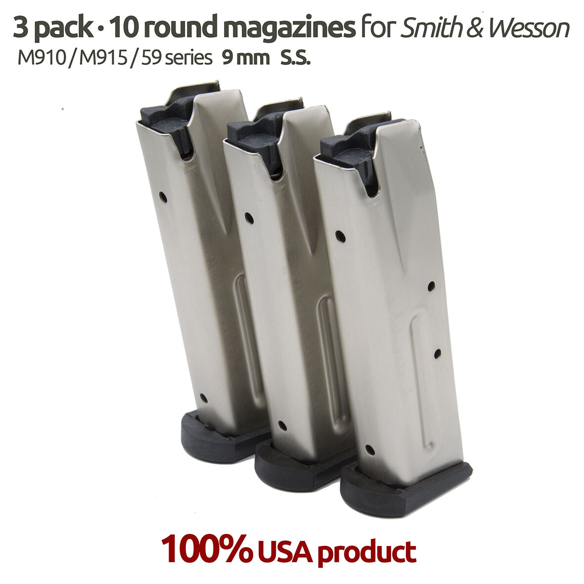 3 pack Smith& Wesson 59/459/910/915/Marlin Camp 9 10 Round S.S Magazines 3 pack Smith& Wesson 59/459/910/915/Marlin Camp 9 10 Round S.S Magazines