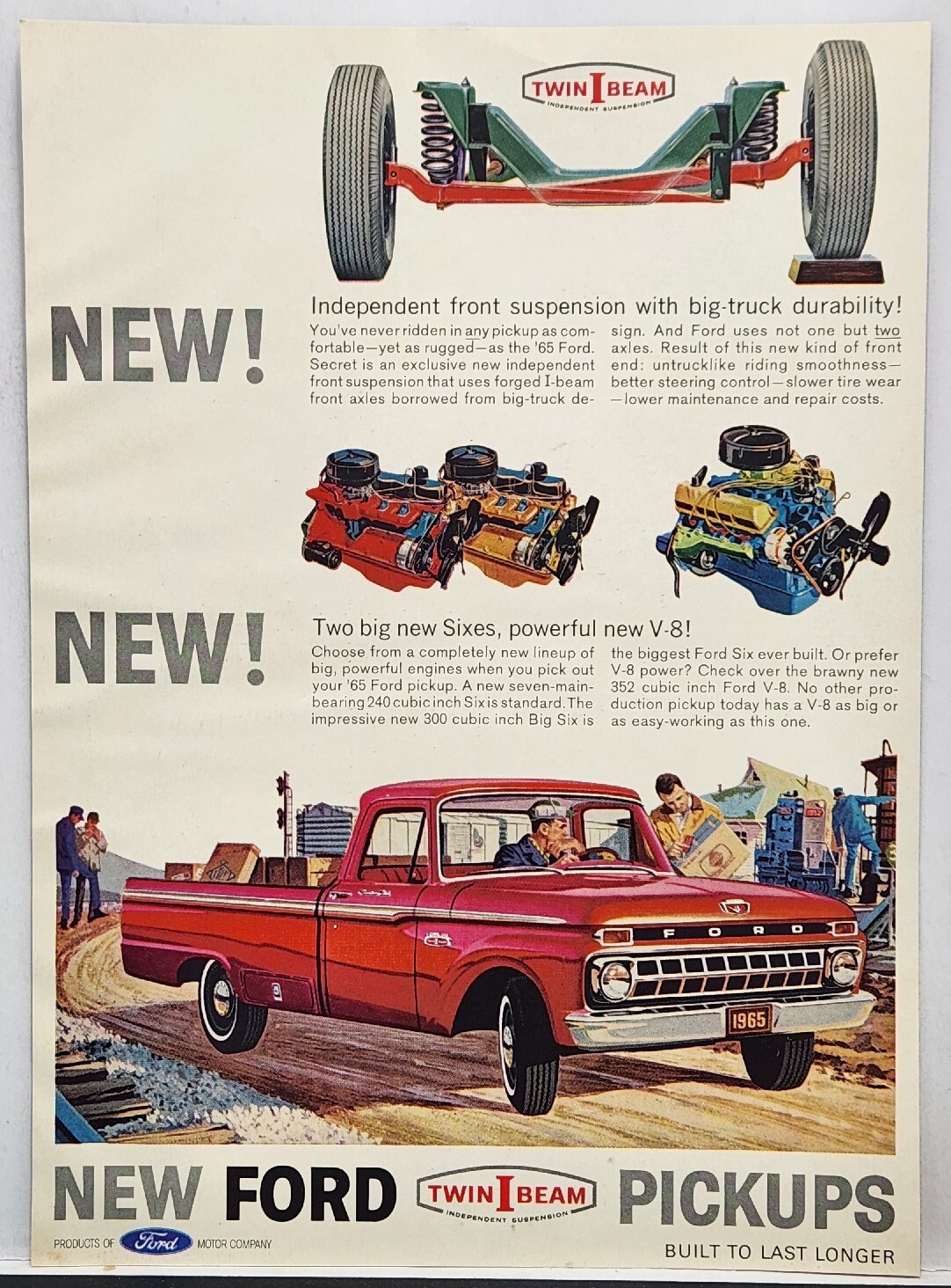 1965 Ford Pickup Red Twin I Beam Sixes Retro Original Print Ad Life Magazine 60s