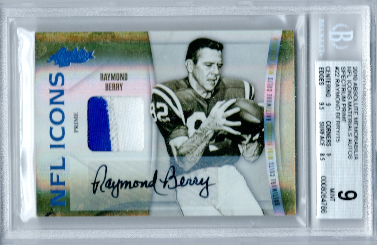 2010 Absolute NFL Icons Raymond Berry AUTO Prime Patch /15 BGS 9 Colts HOF
