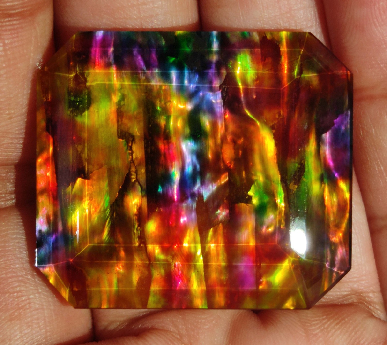 63.60 Ct Ammolite Emerald Cut Opal-Like Organic Loose Natural Doublet Gemstone
