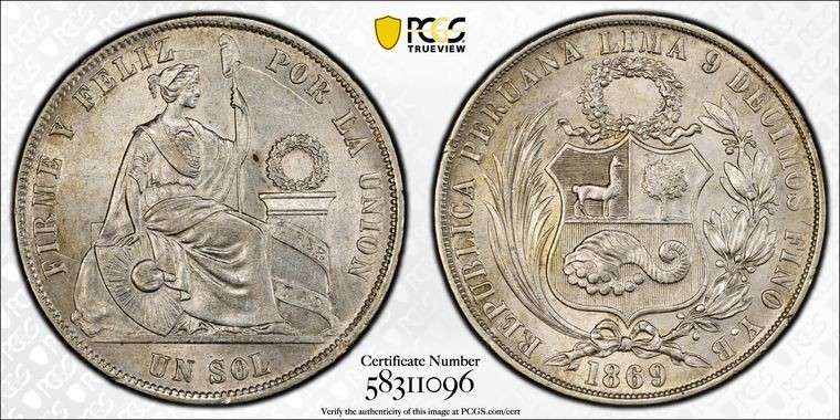 1869 YB PCGS AU58 - Peru Silver Arabic 1 Sol Coin #62010A