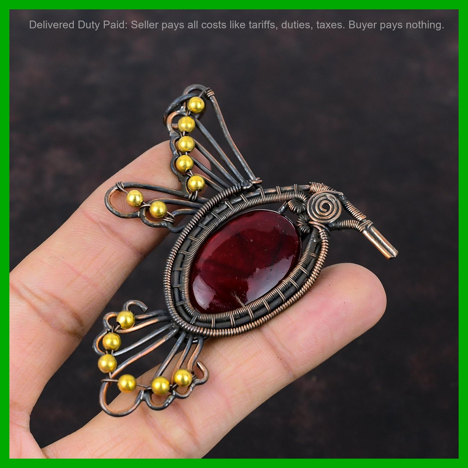 Copper Oval Red Fire Labradorite Gemstone New Wire Wrapped Bird Art Deco Pendant