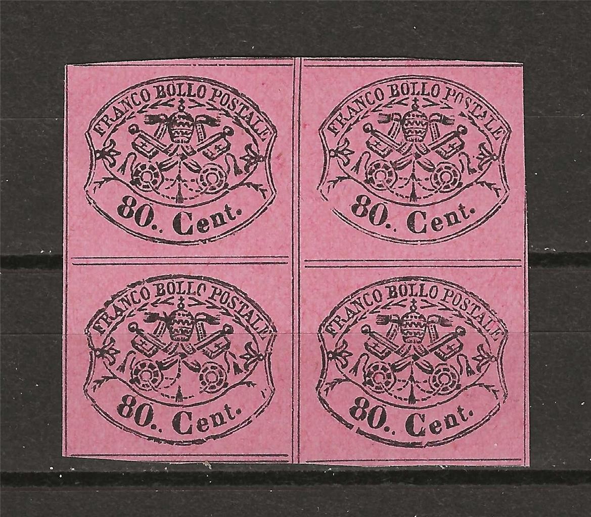 Italy 1867 Sc# 18 Roman States half glazed privately Reprint Forgery block 4 MNG